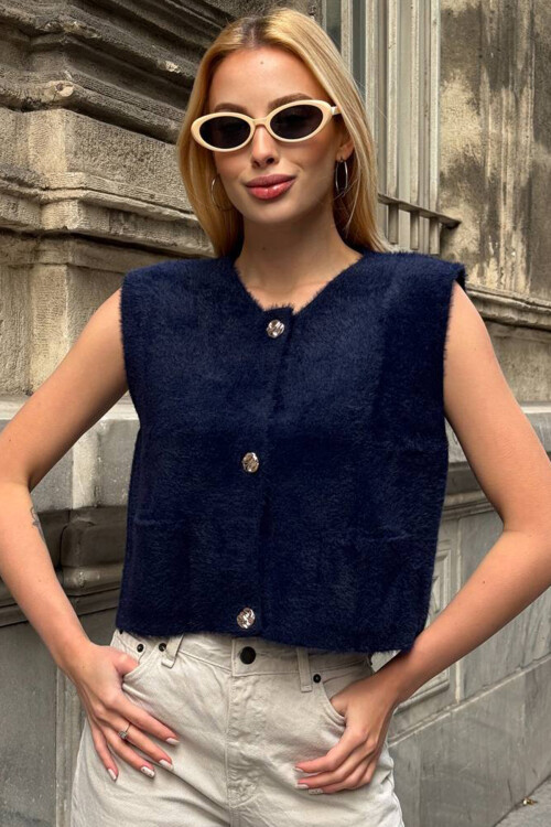 Lacivert Çift Cepli Gold Düğmeli Yumoş Yelek Bluz BCHZCK-251262