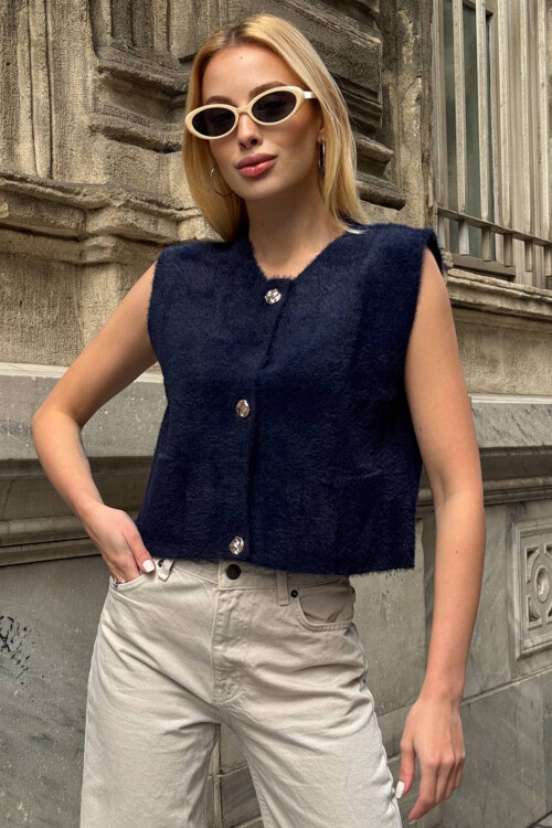 Lacivert Çift Cepli Gold Düğmeli Yumoş Yelek Bluz BCHZCK-251262