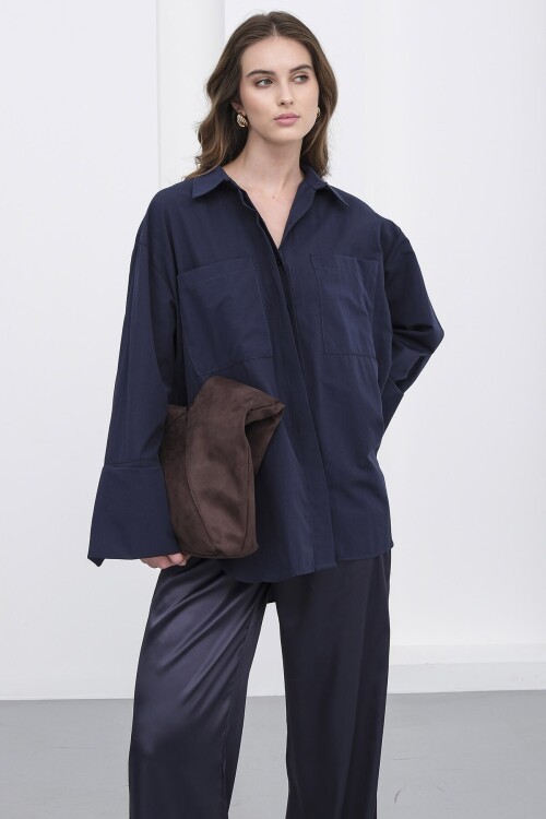 Lacivert Çift Cepli Oversize Basic Gömlek BCRU-261306