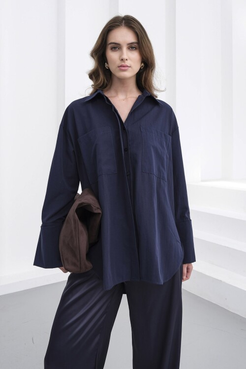 Lacivert Çift Cepli Oversize Basic Gömlek BCRU-261306