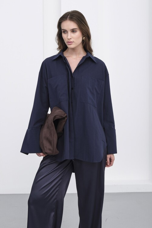 Lacivert Çift Cepli Oversize Basic Gömlek BCRU-261306
