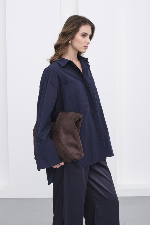 Lacivert Çift Cepli Oversize Basic Gömlek BCRU-261306