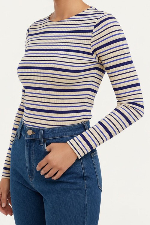 Lacivert-Çizgili Bisiklet Yaka Çizgili Bluz BCHPK-251241