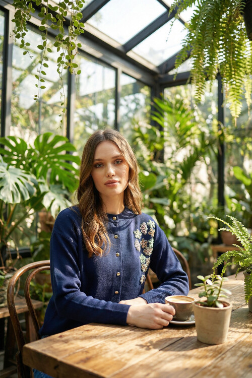 Lacivert Düğmeli Kalp Nakışlı Kışlık Triko Hırka BCVL-25T2364