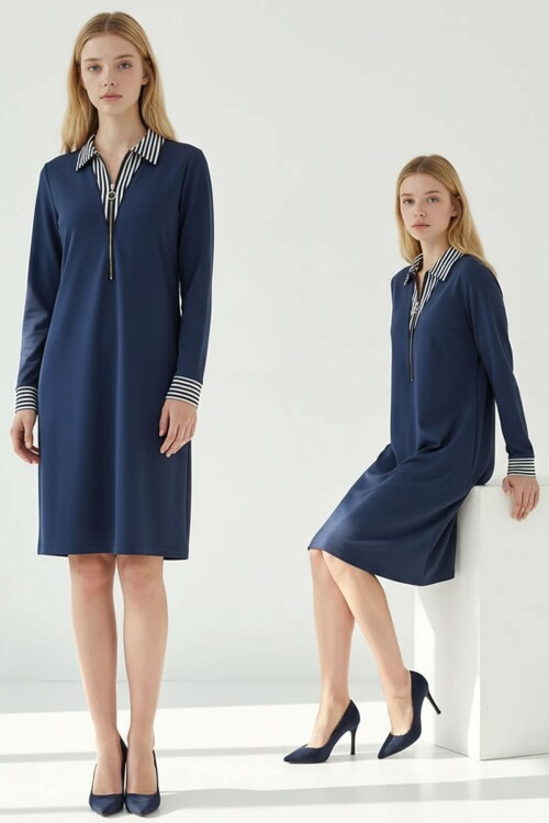 Lacivert Göğüs Fermuar Detaylı Modal Kumaş Elbise