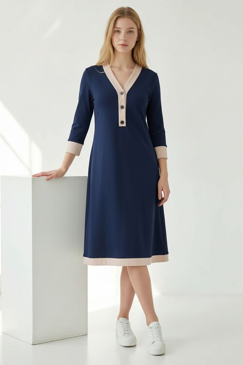 Lacivert Göğüse Kadar Düğmeli Modal Kumaş Elbise