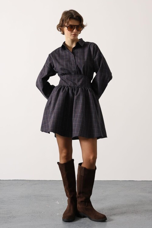 Lacivert Gömlek Yaka Geniş Manşetli Bağlama Detayli Mini Dokuma Elbise BCRY-261279