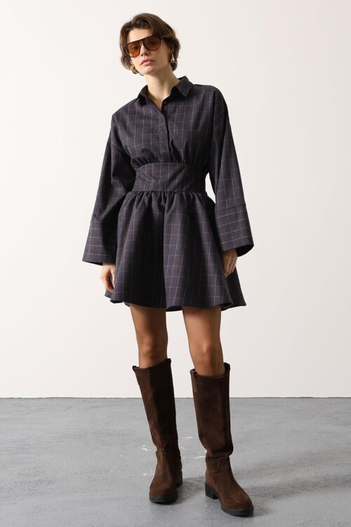 Lacivert Gömlek Yaka Geniş Manşetli Bağlama Detayli Mini Dokuma Elbise BCRY-261279