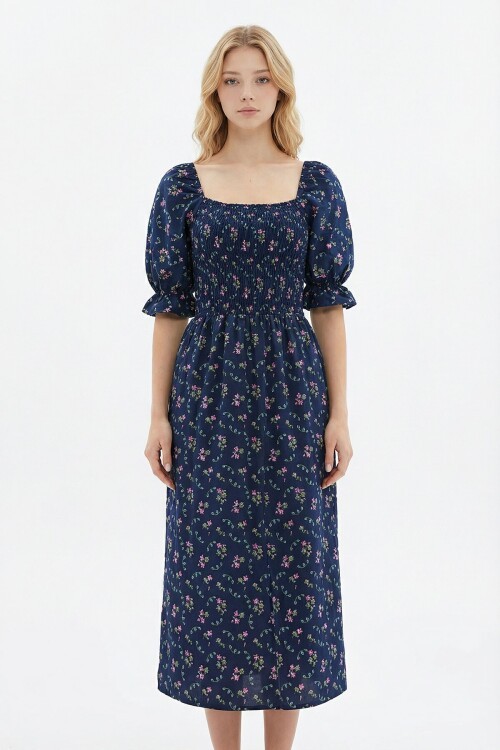 Lacivert Kare Yaka Beli Gipeli Çiçek Desenli Dokuma Yazlık Elbise