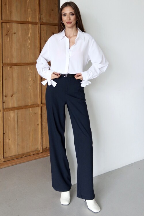 Lacivert Kemerli Çift Cepli Palazzo Pantolon BCRU-261310