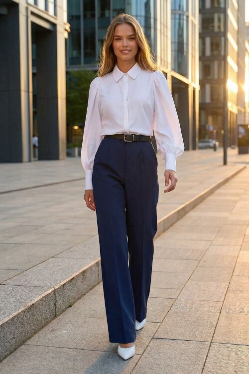 Lacivert Kemerli Düğme Kapamalı Çift Cepli Palazzo Pantolon BCHAV-251230