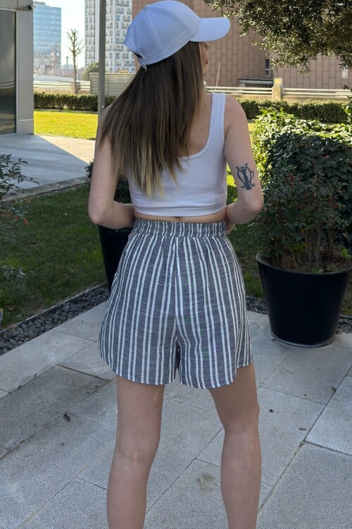 Lacivert Keten Color Block Beli Lastikli Bağlamalı Yanı Yırtmaçlı Şort