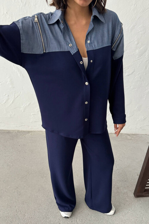 Lacivert Kot Kumaş Garnili Yumuşak Dokulu Pantolon Gömlek Takım BCHN-25261022