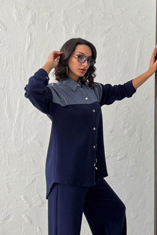 Lacivert Kot Kumaş Garnili Yumuşak Dokulu Pantolon Gömlek Takım BCHN-25261022