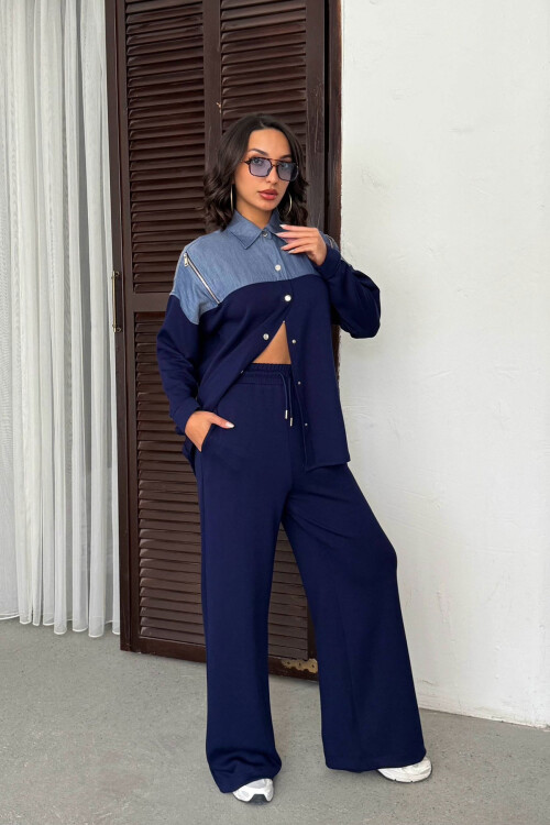 Lacivert Kot Kumaş Garnili Yumuşak Dokulu Pantolon Gömlek Takım BCHN-25261022
