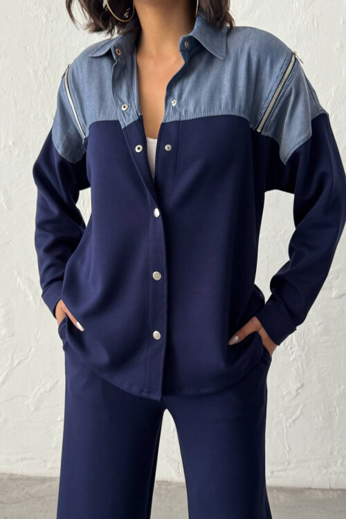 Lacivert Kot Kumaş Garnili Yumuşak Dokulu Pantolon Gömlek Takım BCHN-25261022