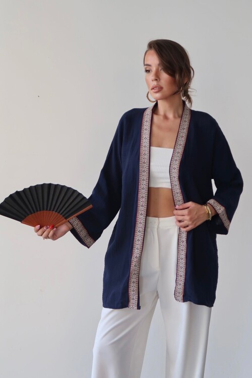 Lacivert Nakış Detaylı Keten Kimono BCRU-261303
