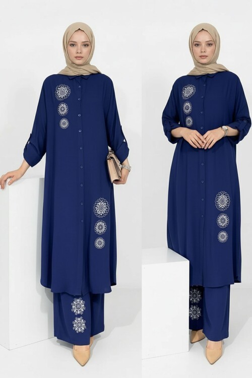 Lacivert Nakışlı Viskon Kumaş Tesettür Alt Üst Takım 