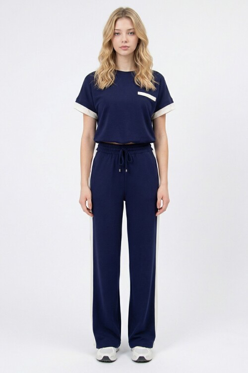 Lacivert Renk Bloklu Beli Lastikli Yumuşak Dokulu Kumaş Alt Üst Takım BCHN-2626133