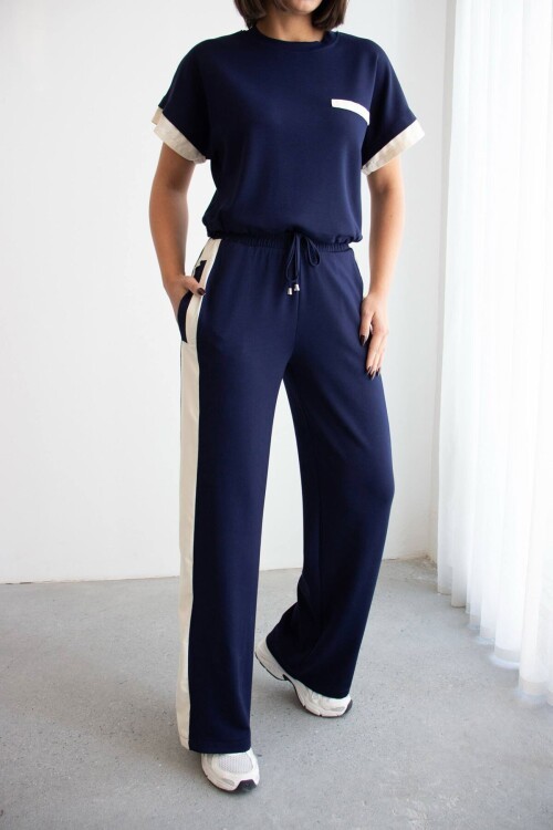 Lacivert Renk Bloklu Beli Lastikli Yumuşak Dokulu Kumaş Alt Üst Takım BCHN-2626133