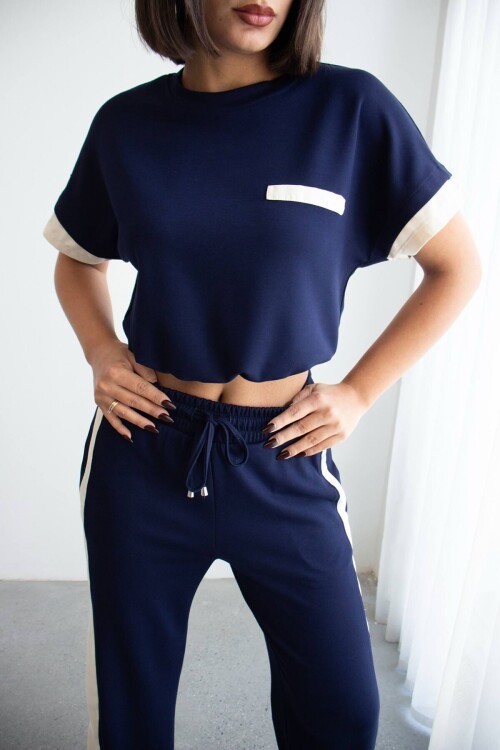 Lacivert Renk Bloklu Beli Lastikli Yumuşak Dokulu Kumaş Alt Üst Takım BCHN-2626133