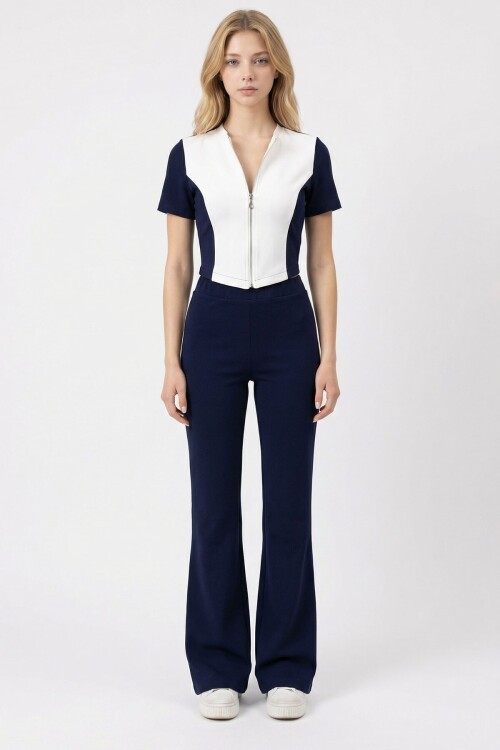 Lacivert Renk Bloklu Fermuarlı Yumuşak Dokulu Kumaş Eşofman Takımı BCHN-2626953TK