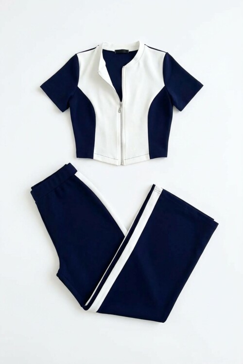 Lacivert Renk Bloklu Fermuarlı Yumuşak Dokulu Kumaş Eşofman Takımı BCHN-2626953TK