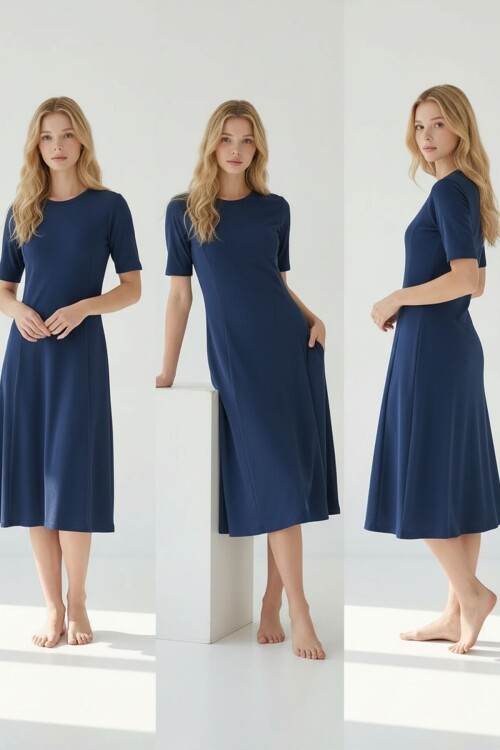 Lacivert Tokalı Modal Kumaş Elbise