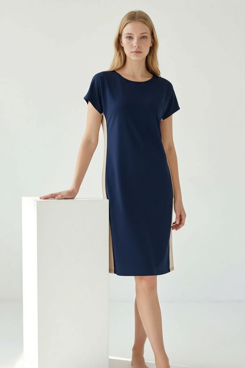 Lacivert Yanları Beyaz Şeritli Modal Kumaş Elbise