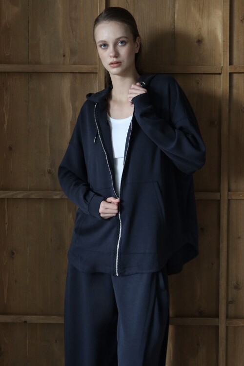 Lacivert Yüksek Bel Çift Cepli Palazzo Dokuma Pantolon BCRU-261309