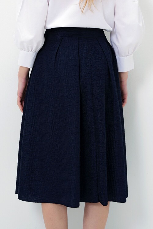 Lacivert Yüksek Bel Geniş Kemerli Gizli Fermuarlı Midi Boy Dokulu Etek BCHNT-251236