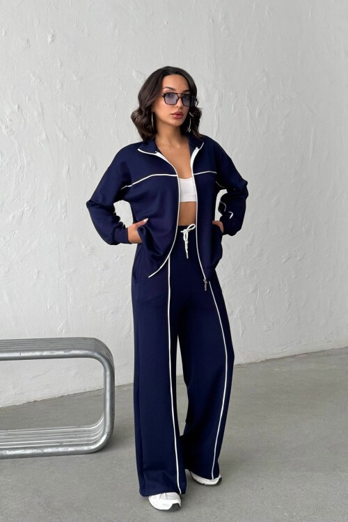 Lacivert Yumuşak Dokulu Biyeli Palazzo Pantolon Ve Fermuarlı Sweatshirt Takım BCHN-25261024