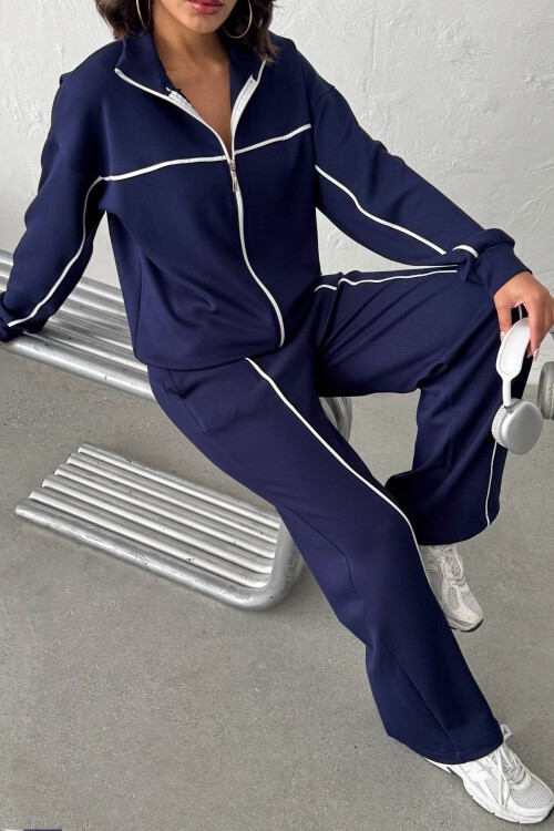 Lacivert Yumuşak Dokulu Biyeli Palazzo Pantolon Ve Fermuarlı Sweatshirt Takım BCHN-25261024