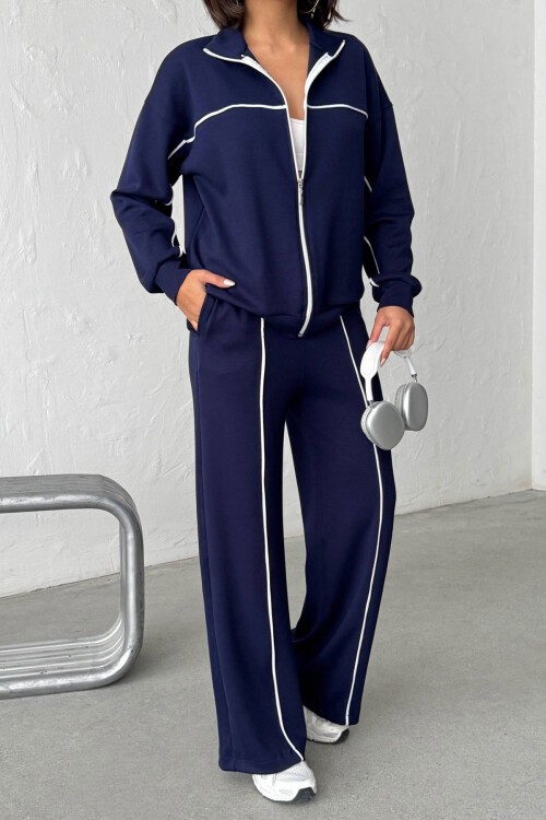 Lacivert Yumuşak Dokulu Biyeli Palazzo Pantolon Ve Fermuarlı Sweatshirt Takım BCHN-25261024