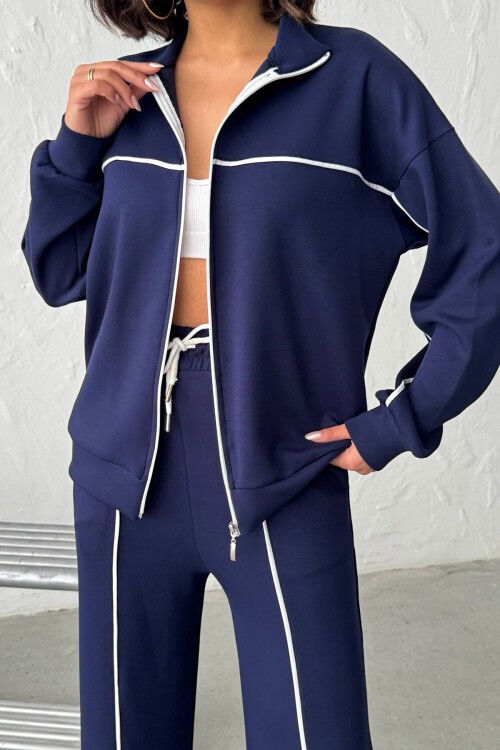 Lacivert Yumuşak Dokulu Biyeli Palazzo Pantolon Ve Fermuarlı Sweatshirt Takım BCHN-25261024