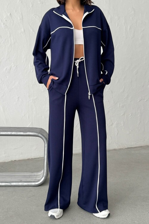 Lacivert Yumuşak Dokulu Biyeli Palazzo Pantolon Ve Fermuarlı Sweatshirt Takım BCHN-25261024