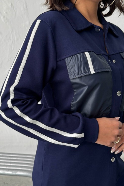 Lacivert Yumuşak Dokulu Biyeli Palazzo Pantolon Ve Garnili Gömlek Alt Üst Takım BCHN-25261025