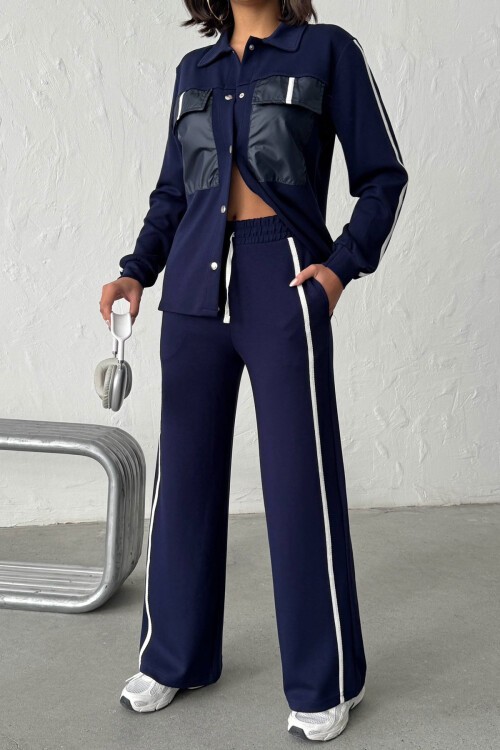 Lacivert Yumuşak Dokulu Biyeli Palazzo Pantolon Ve Garnili Gömlek Alt Üst Takım BCHN-25261025