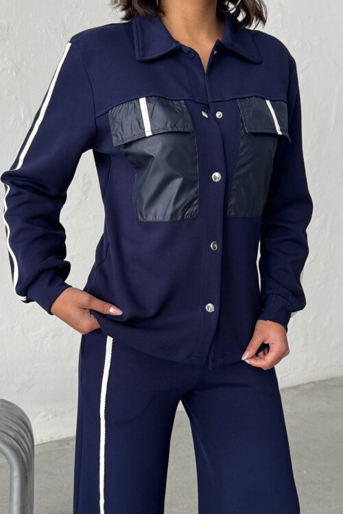 Lacivert Yumuşak Dokulu Biyeli Palazzo Pantolon Ve Garnili Gömlek Alt Üst Takım BCHN-25261025