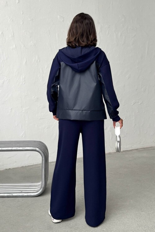Lacivert Yumuşak Dokulu Garnili Kapüşonlu Sweatshirt Ve Pantolon Alt Üst Takım BCHN-25261023