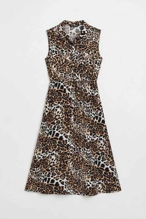 Leopar Çentik Yaka Düğmeli Desenli Kolsuz Midi Elbise