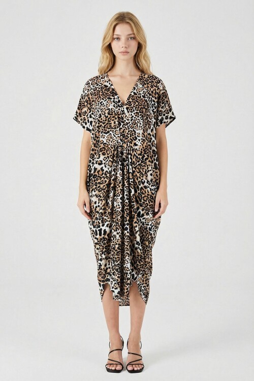 Leopar Desenli V Yaka Salaş Kesim Kaftan Elbise