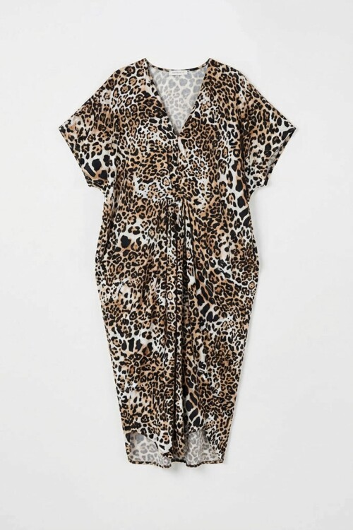 Leopar Desenli V Yaka Salaş Kesim Kaftan Elbise