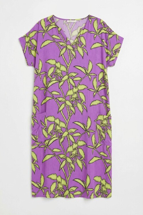 Lila Tropik Desenli V Yaka Oversize Midi Elbise