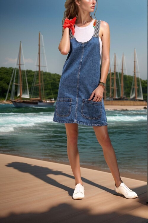 Mavi Askılı Çift Cepli Denim Elbise