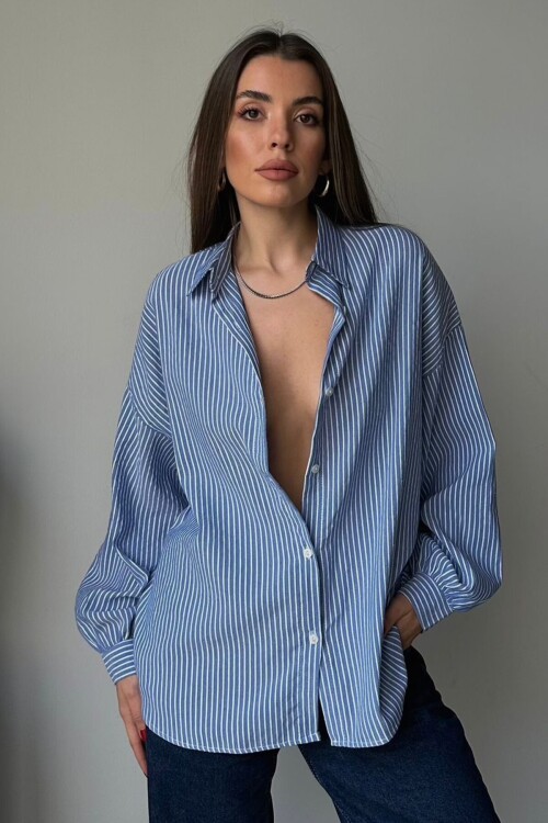 Mavi Çizgili Oversize Gömlek BCRU-261308