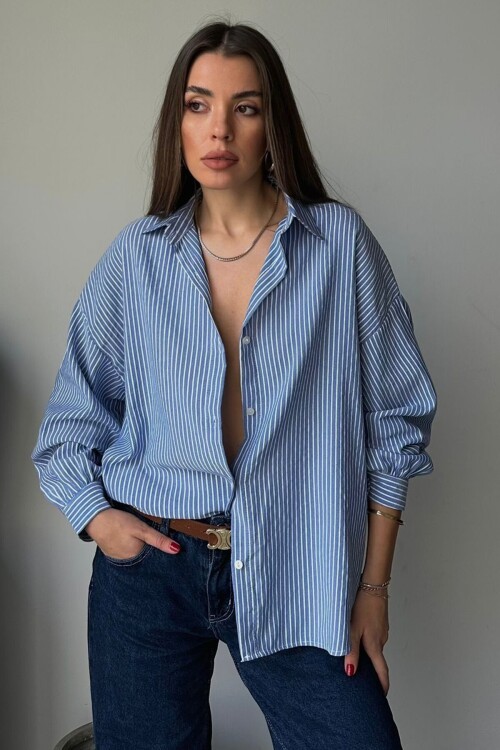 Mavi Çizgili Oversize Gömlek BCRU-261308
