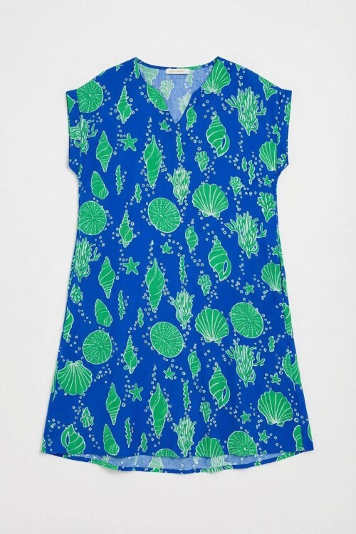 Mavi Deniz Kabuğu Desenli V Yaka Oversize Elbise