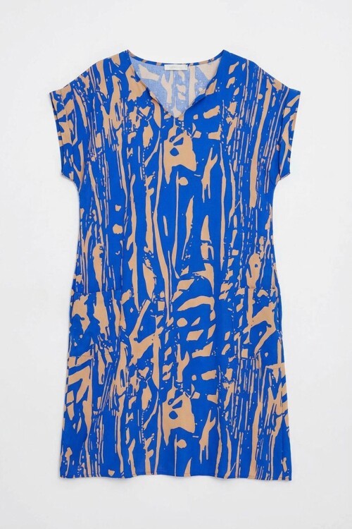 Mavi Desenli V Yaka Yarasa Kol Oversize Midi Elbise