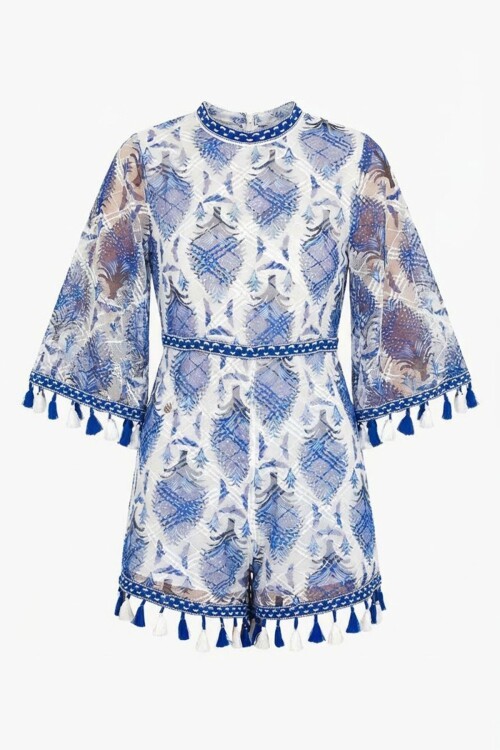 Mavi Dik Yaka Sırt Dekolteli İçi Astarlı Püskül Detaylı Tül Tulum